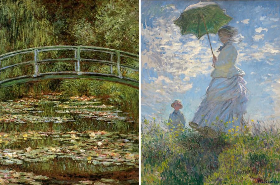 莫內名作左側為莫內《睡蓮池上的日本橋》，右側為《撐陽傘的女人》，以鬆動筆觸與瞬間光線展現印象派風格。